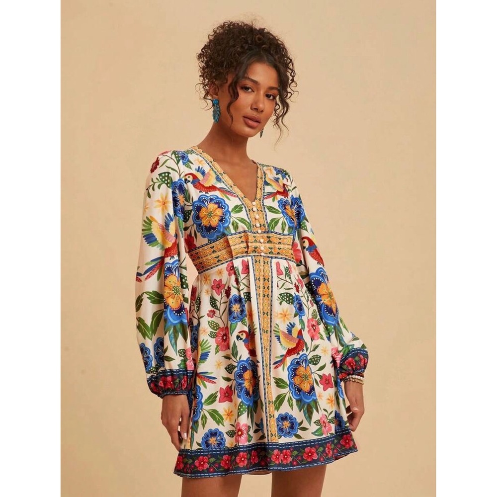 Tropical Parrot‎ Floral Print V-Neck Balloon Sleeve Mini Dress Ivory Large